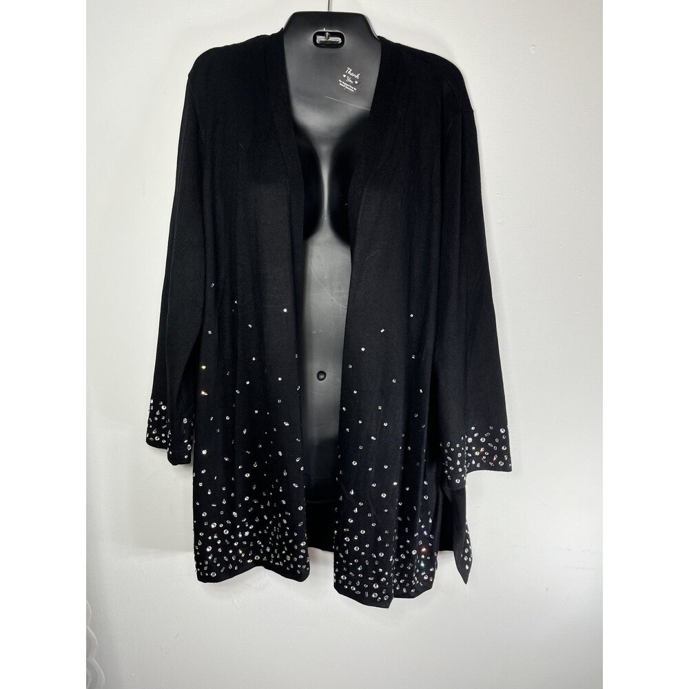 Chico's Sweater Cardigan Womens 3 XL Black Rhinestone Open Front Knit Longline